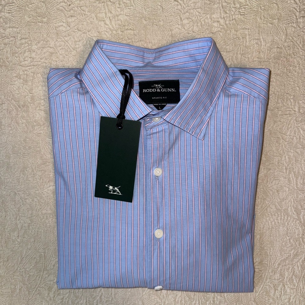 RODD & GUNN Men's “Wildman Avenue” Blue/Pink Striped Shirt - LARGE, Sports Fit